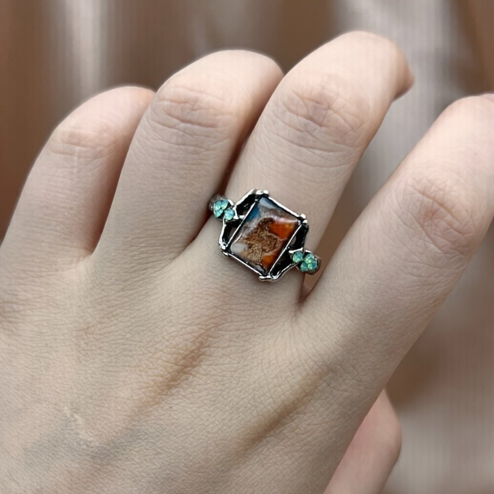 Silver and Green Vintage Inspired Ring with Intricate Design